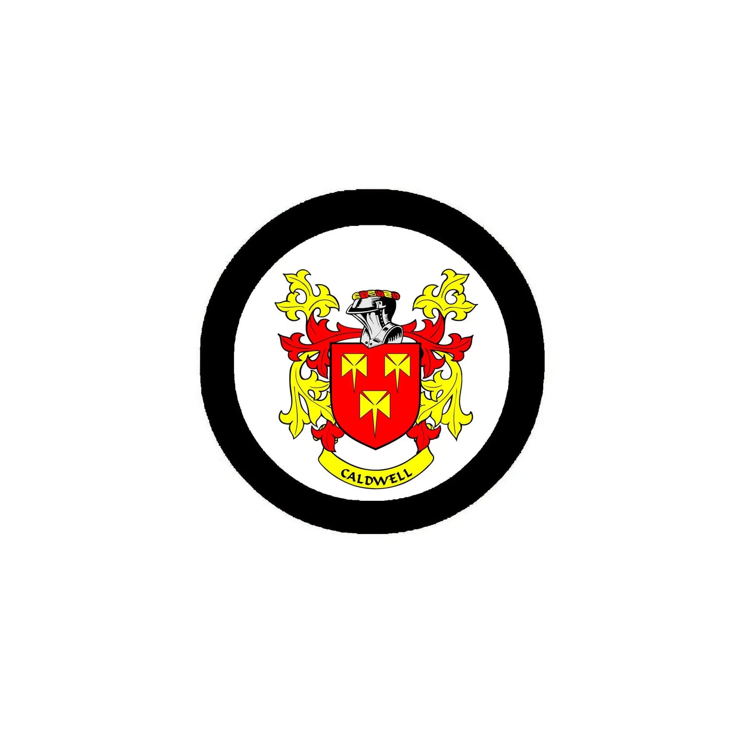 3-inch circular Caldwell coat of arms magnet, black border with colorful shield crest
