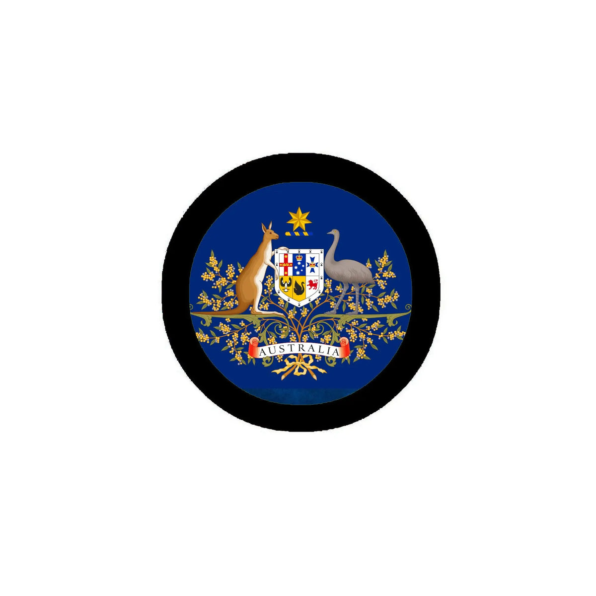 Round Australia crest pinback badge with blue center, gold coat of arms and AUSTRALIA text