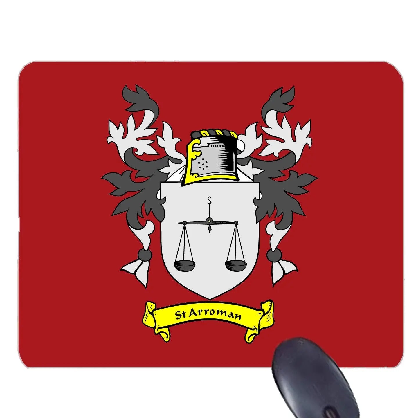 Red St Arroman family crest mousepad with coat of arms emblem in black and yellow