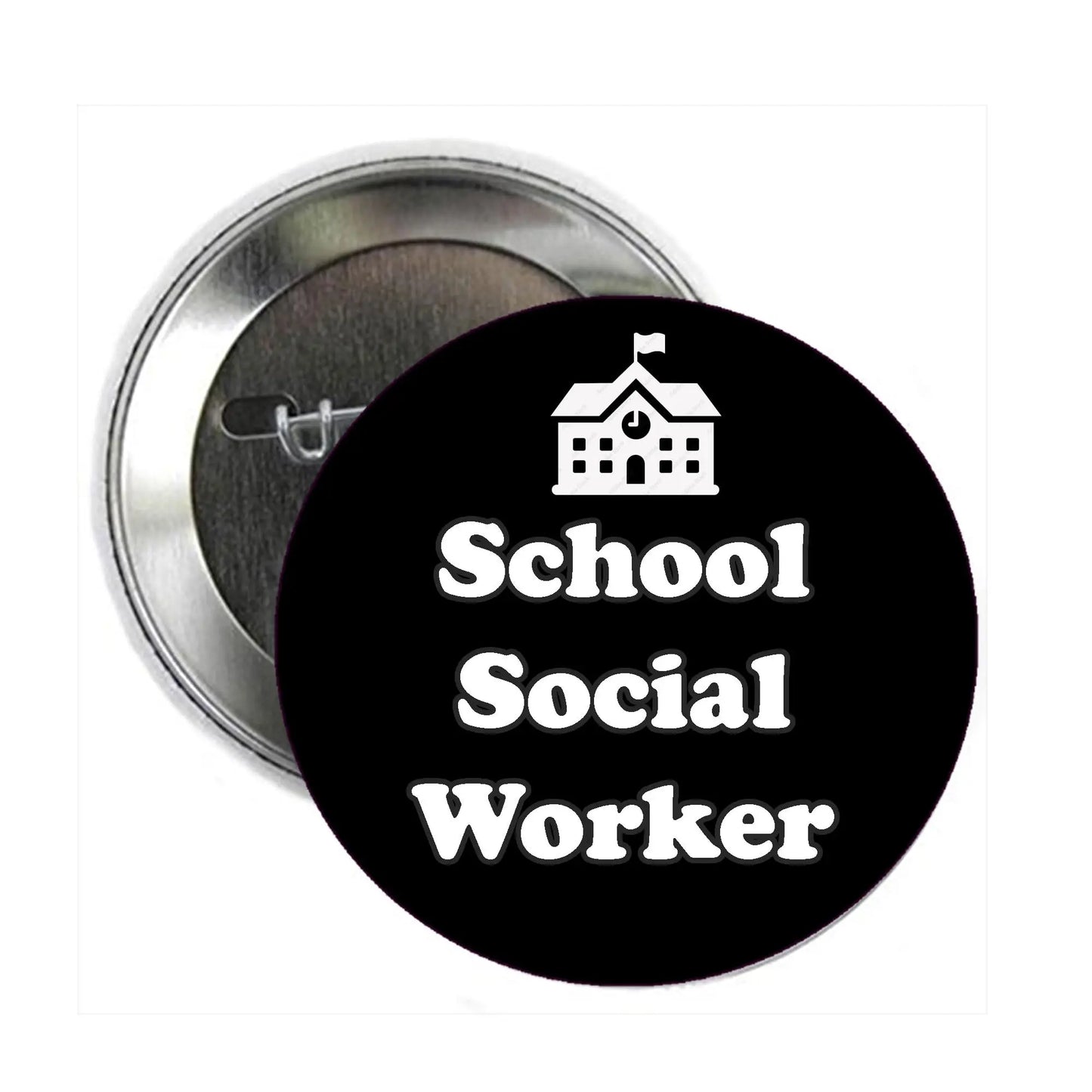 School social worker pinback button, black with white text and house icon, silver back