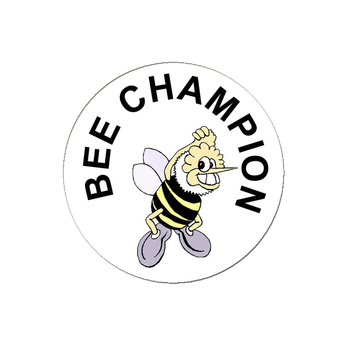 Round bee champion pinback button with cartoon bee and "BEE CHAMPION" text