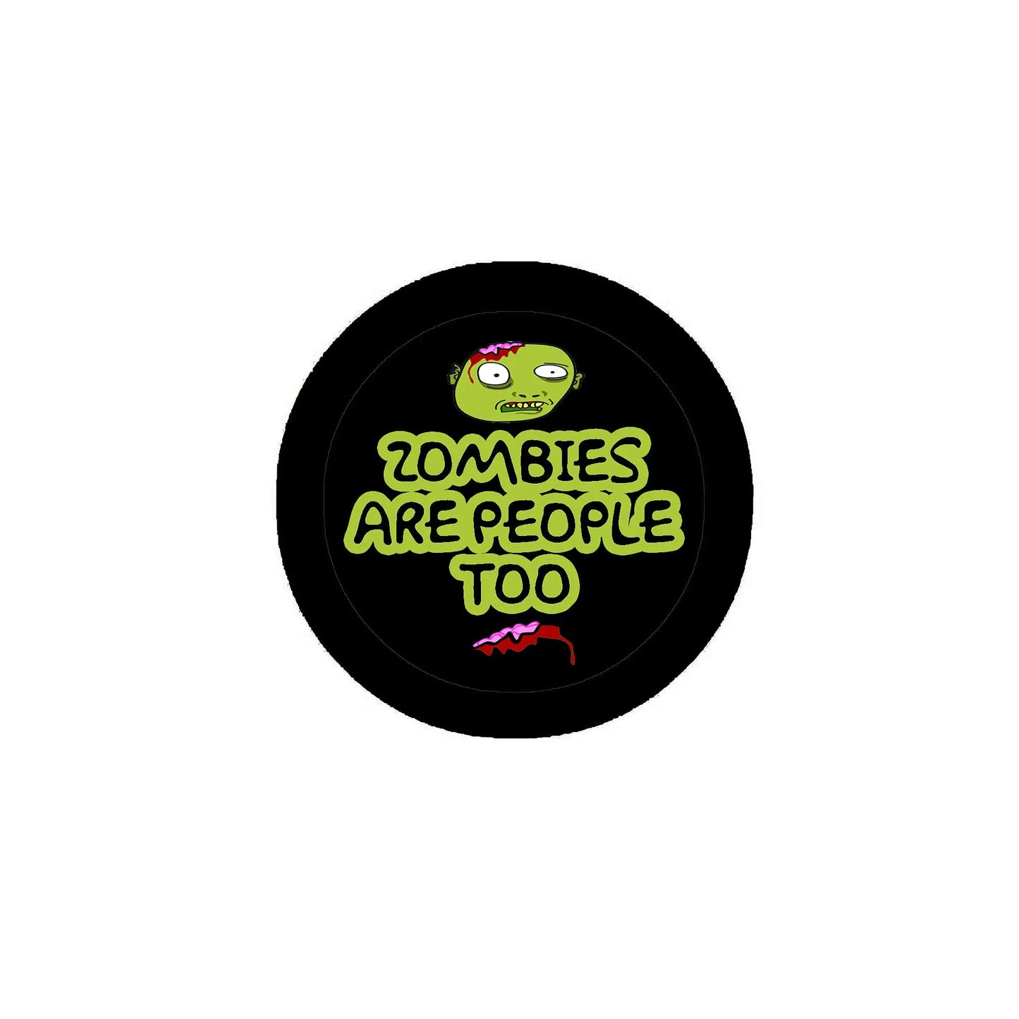 2.25-inch black pinback button with cartoon zombie and 'Zombies are People too' text