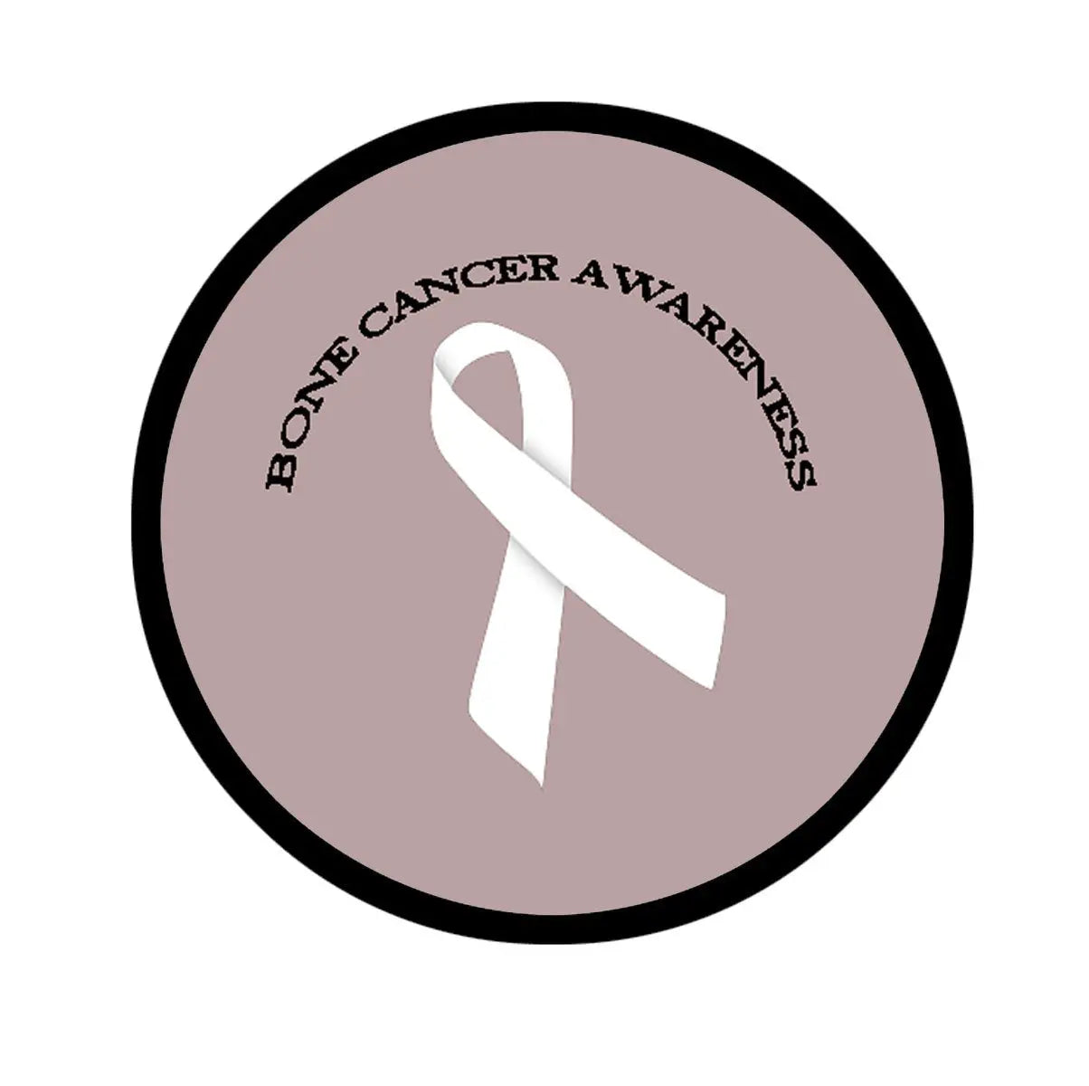Bone cancer awareness button pin with white ribbon and circular text