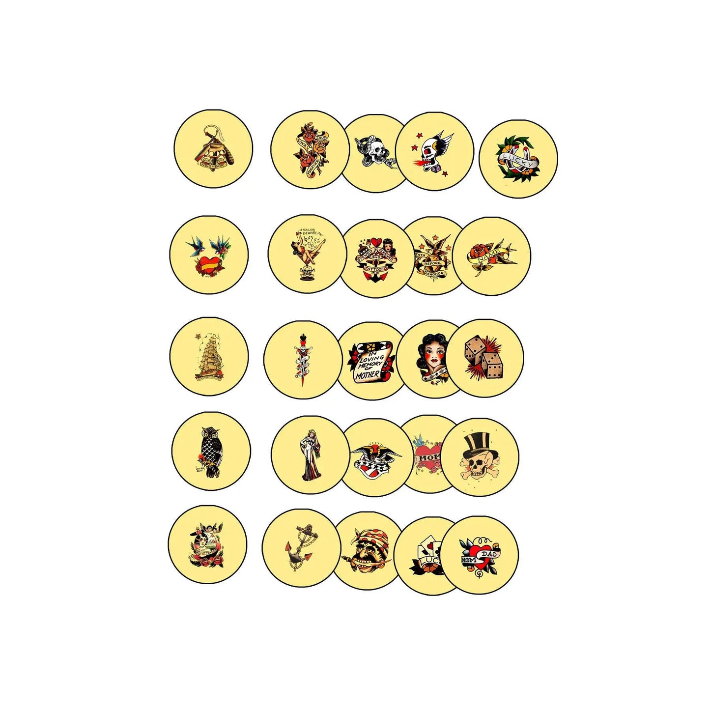 Set of round yellow pinback buttons with traditional sailor, skull, and dice artwork
