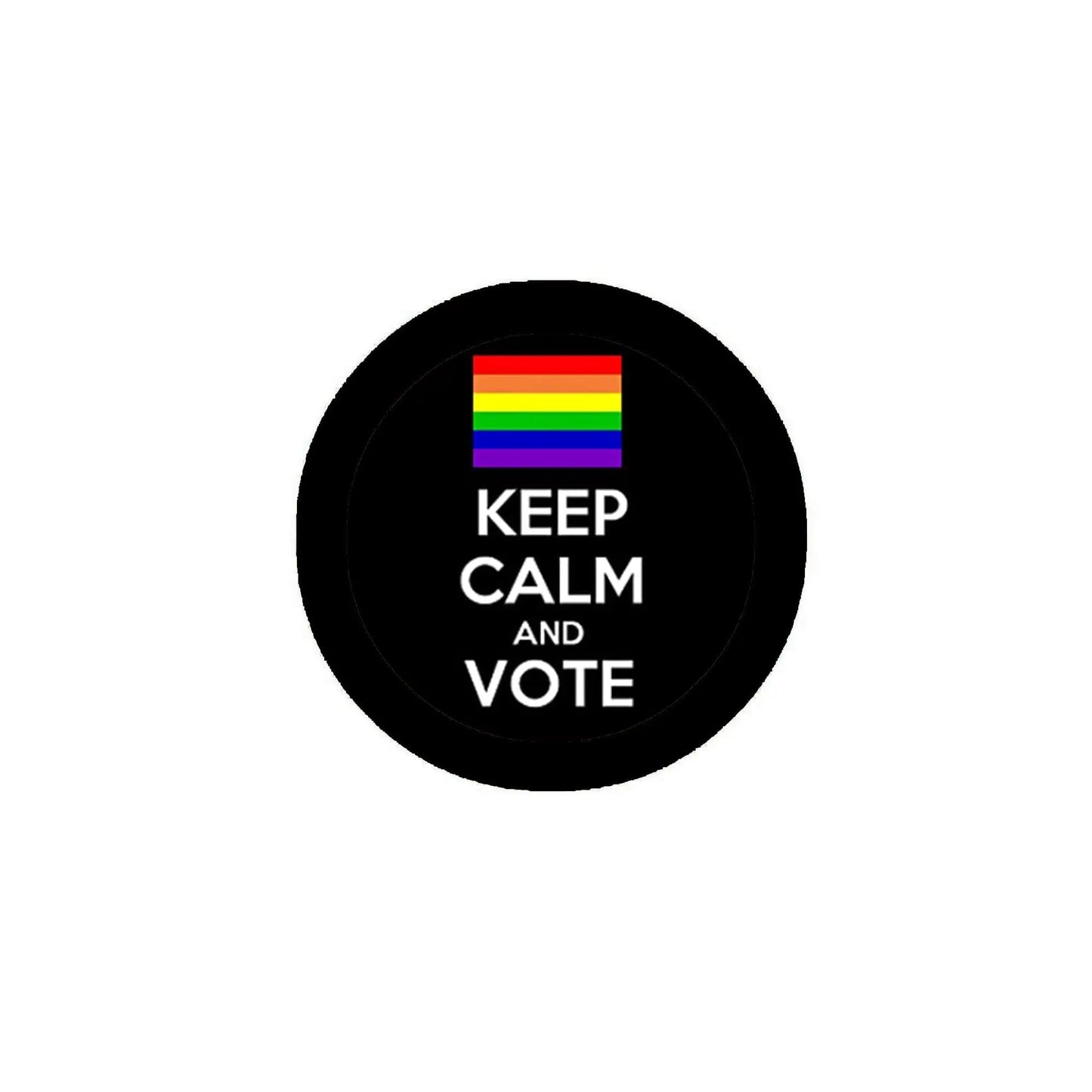 Round black button pin with rainbow flag stripes and KEEP CALM AND VOTE text