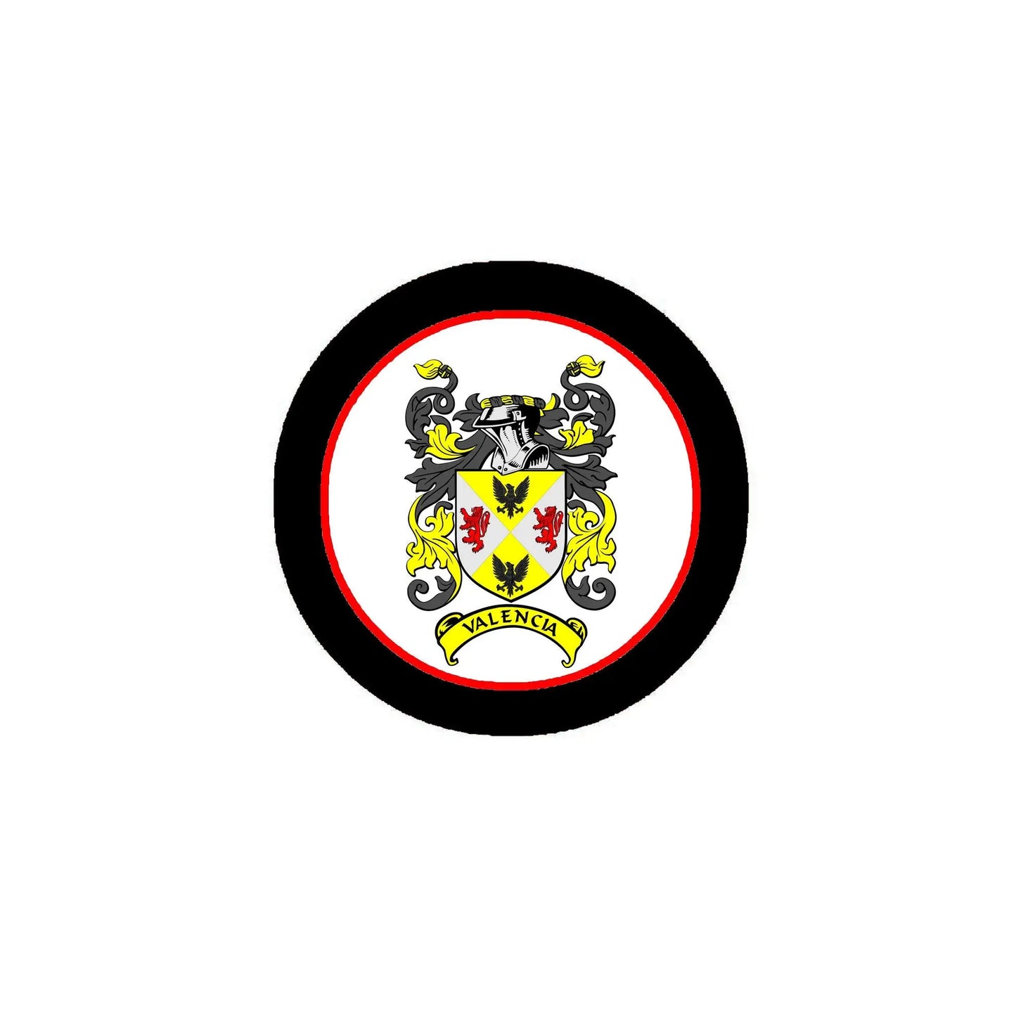 Round enamel family crest pin badge with black rim and Valencia coat of arms design