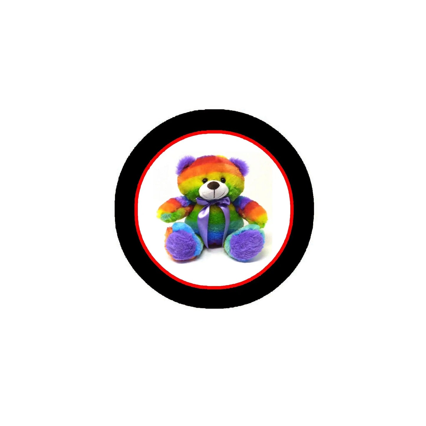 Round pinback button featuring rainbow clown bear character