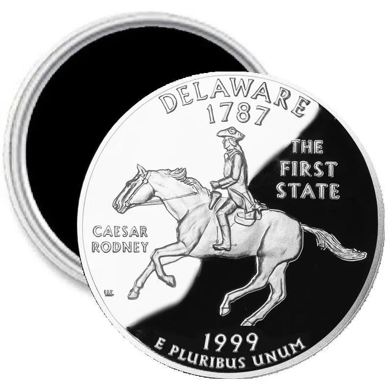 Round Delaware state quarter mint image magnet with horse rider and text 'DELAWARE 1787'