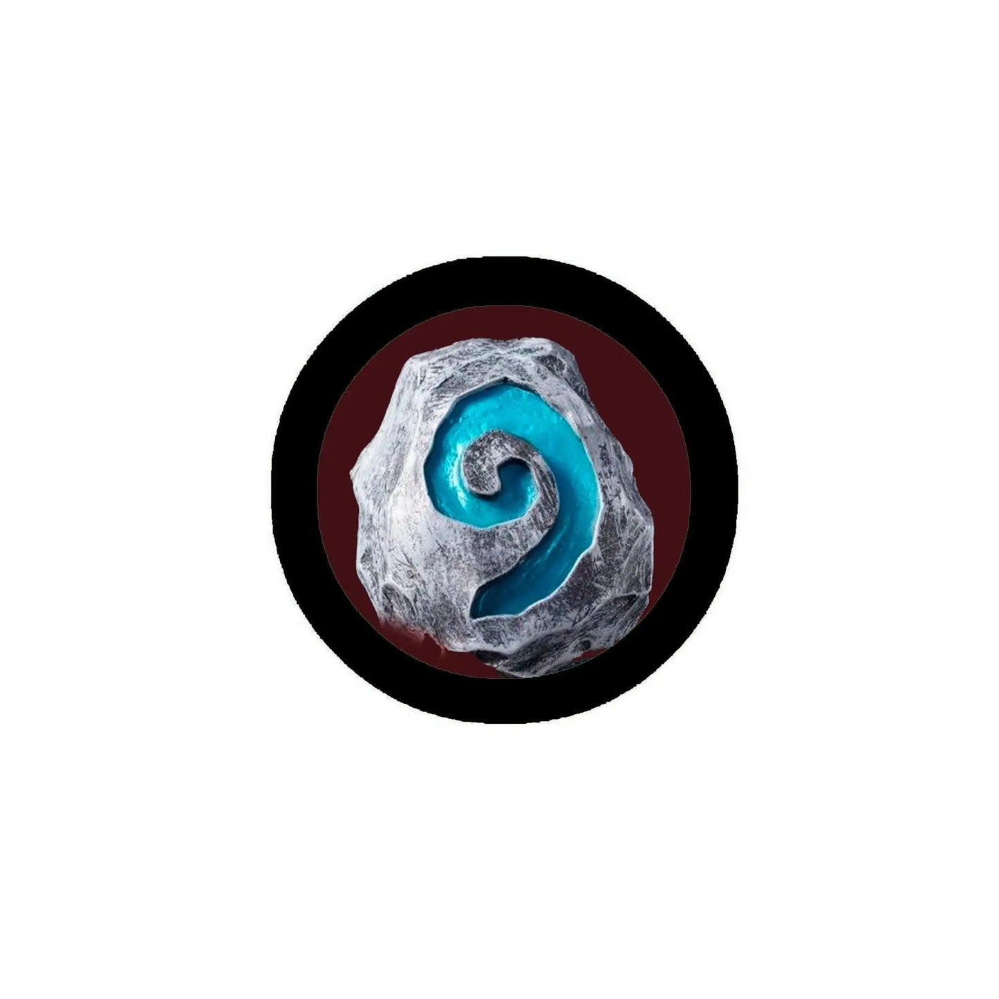 2.25-inch stone pinback with black border, silver heart, teal swirl center