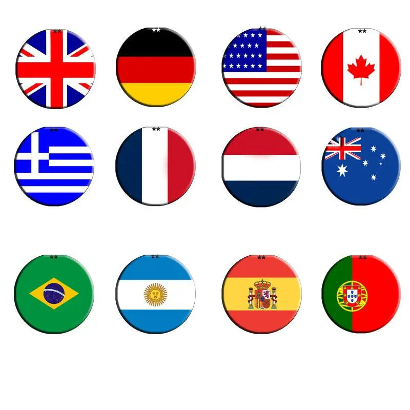 Country flag pin set with 12 round enamel pins, assorted flags