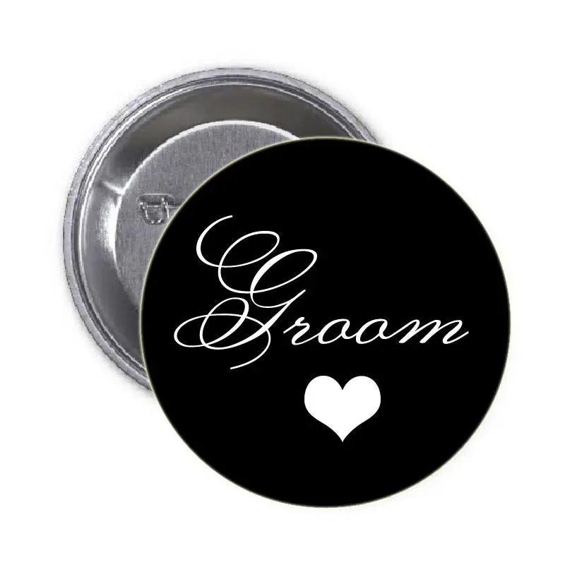 1.25-inch black groom pinback button with white "Groom" script and heart