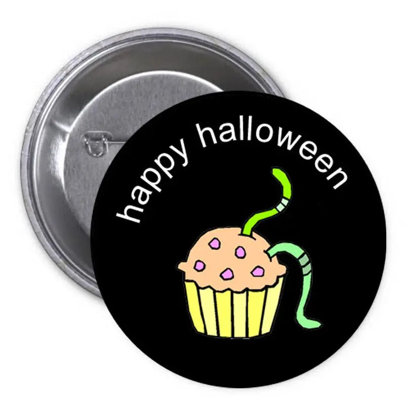 2.25-inch black Happy Halloween cupcake pinback button with green worm details