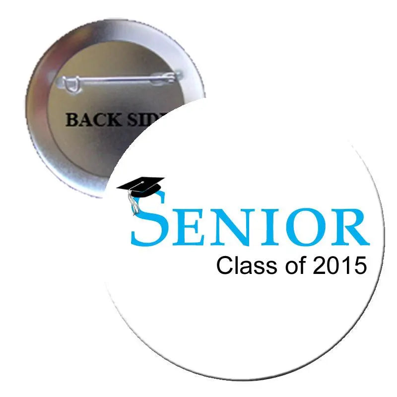 Blue senior class pinback button with graduation cap icon and "Class of 2015" text