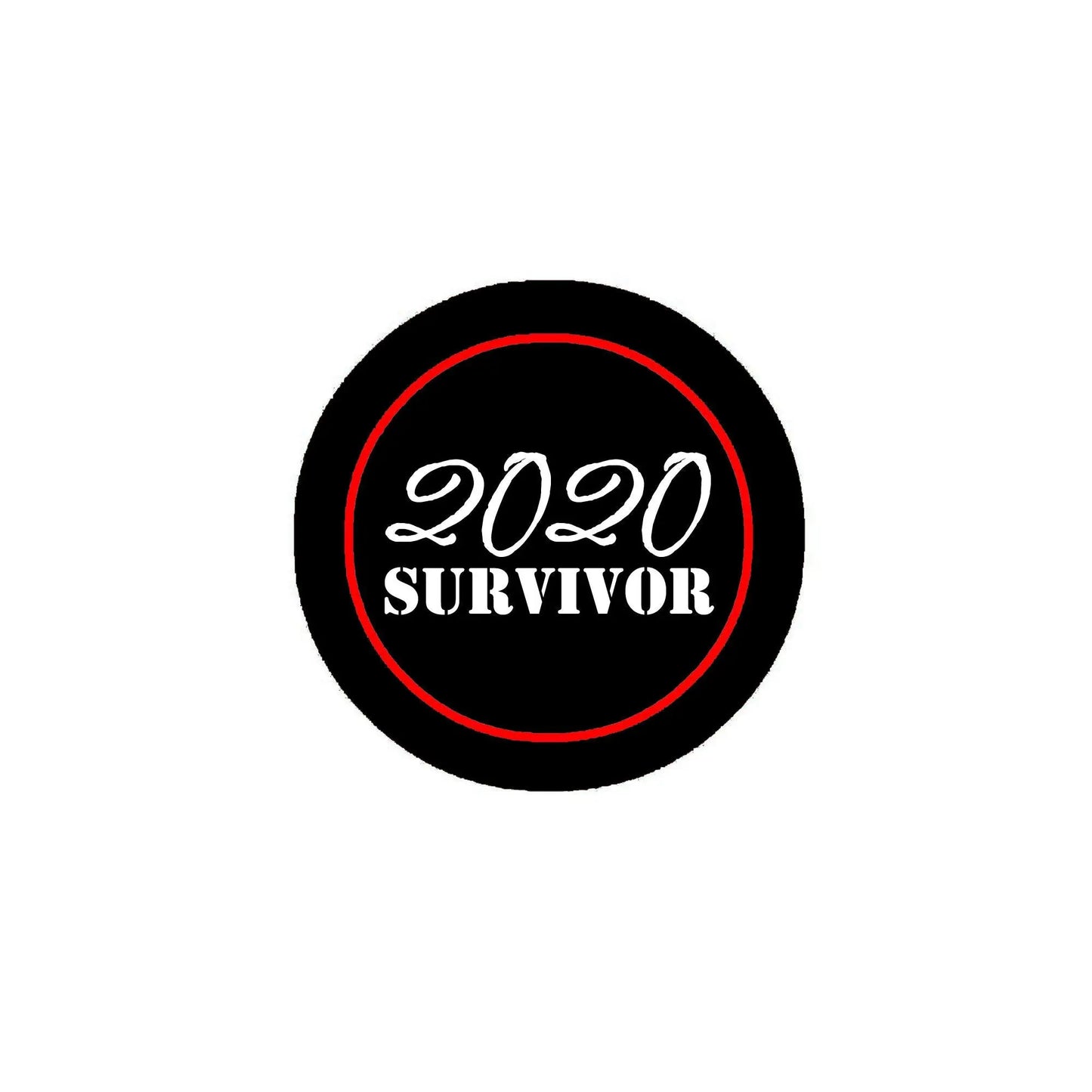 Black 2020 Survivor pinback button with red ring and white 2020 SURVIVOR text