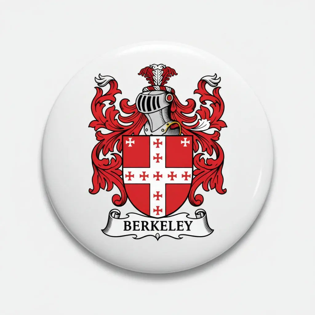 Round family crest arms magnet with red and black coat of arms on white