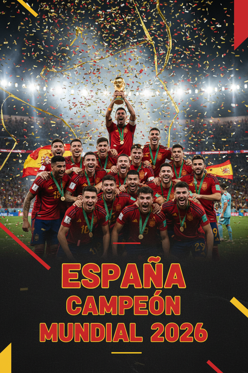 Celebration poster for Spain winning the 2026 World Cup, showing the national football team holding the trophy on a stadium field with confetti falling. The text 'ESPAÑA CAMPEÓN MUNDIAL 2026' is displayed at the bottom.