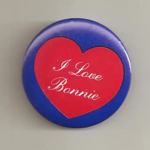 Heart-shaped red I Love Bonnie pinback button with blue border