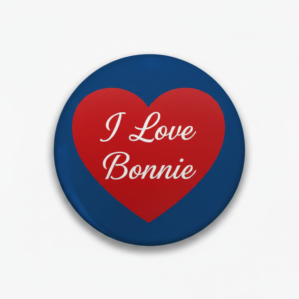 Heart-shaped red I Love Bonnie pinback button with blue border