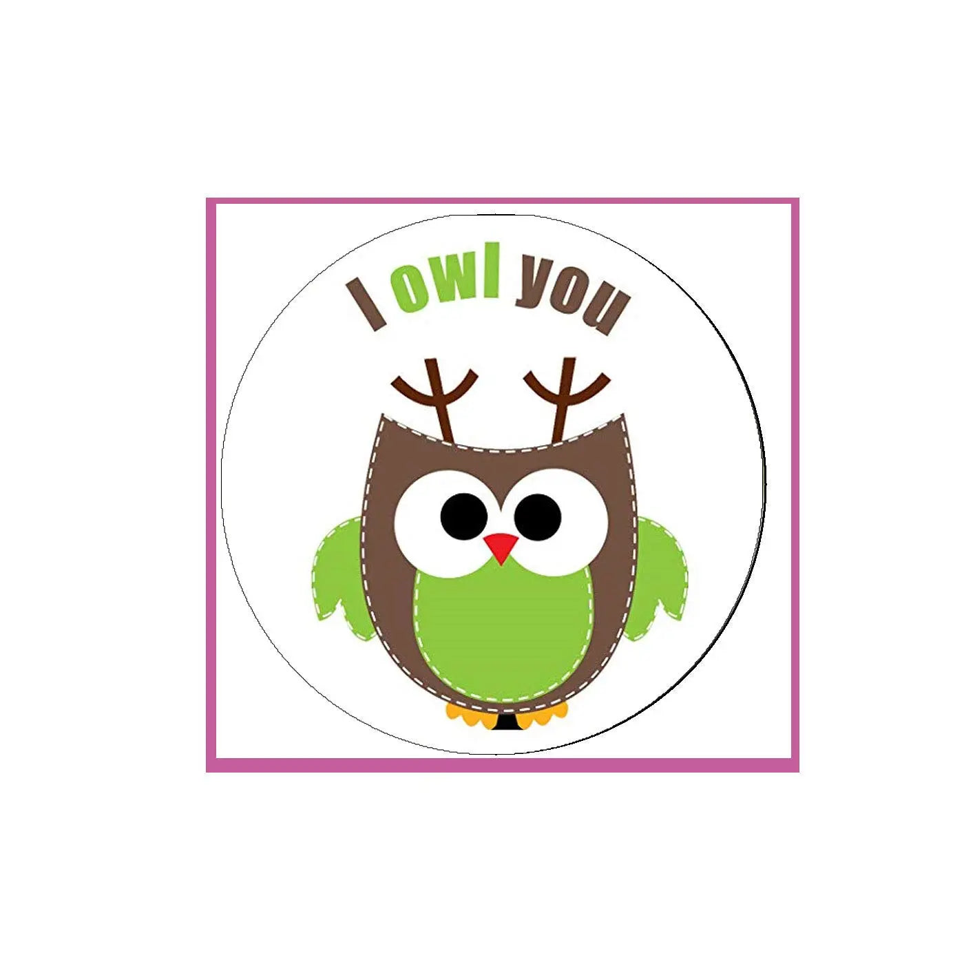 Green cartoon owl pinback button with antlers and "I OWL YOU" text