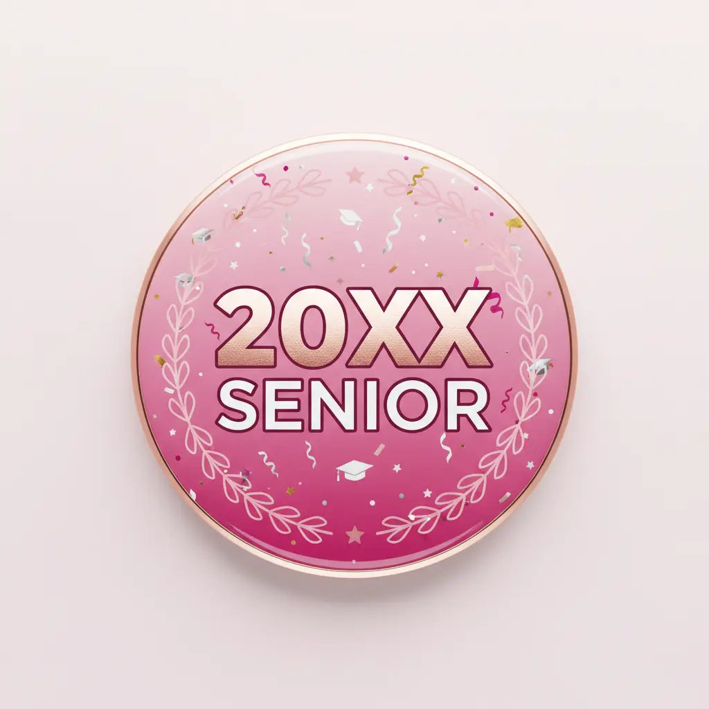 Pink round pinback badge, '20XX SENIOR' and floral laurel design