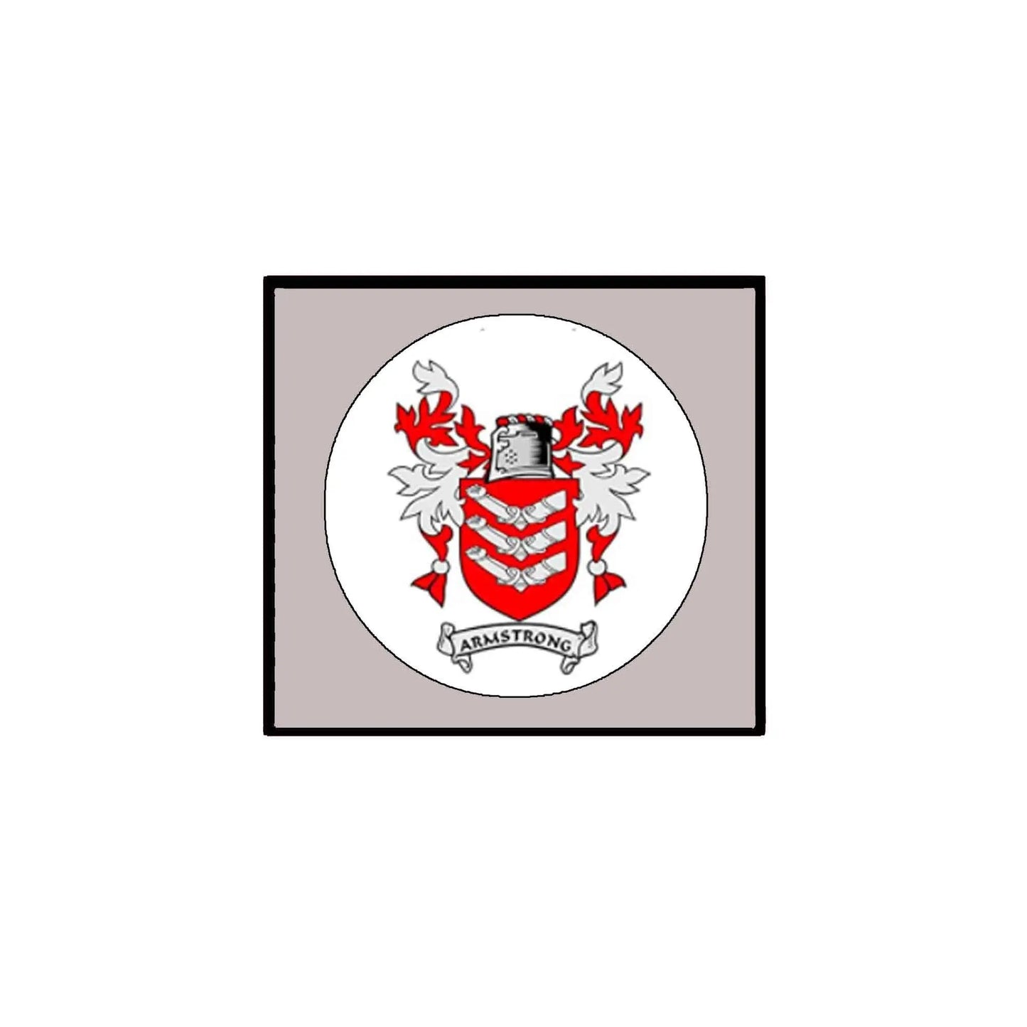 Armstrong family crest arms magnet with shield and red lions, round badge on square backing