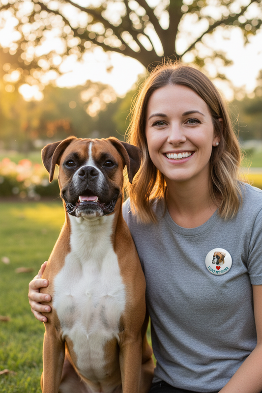 Round pinback button with boxer dog graphic on a gray T-shirt