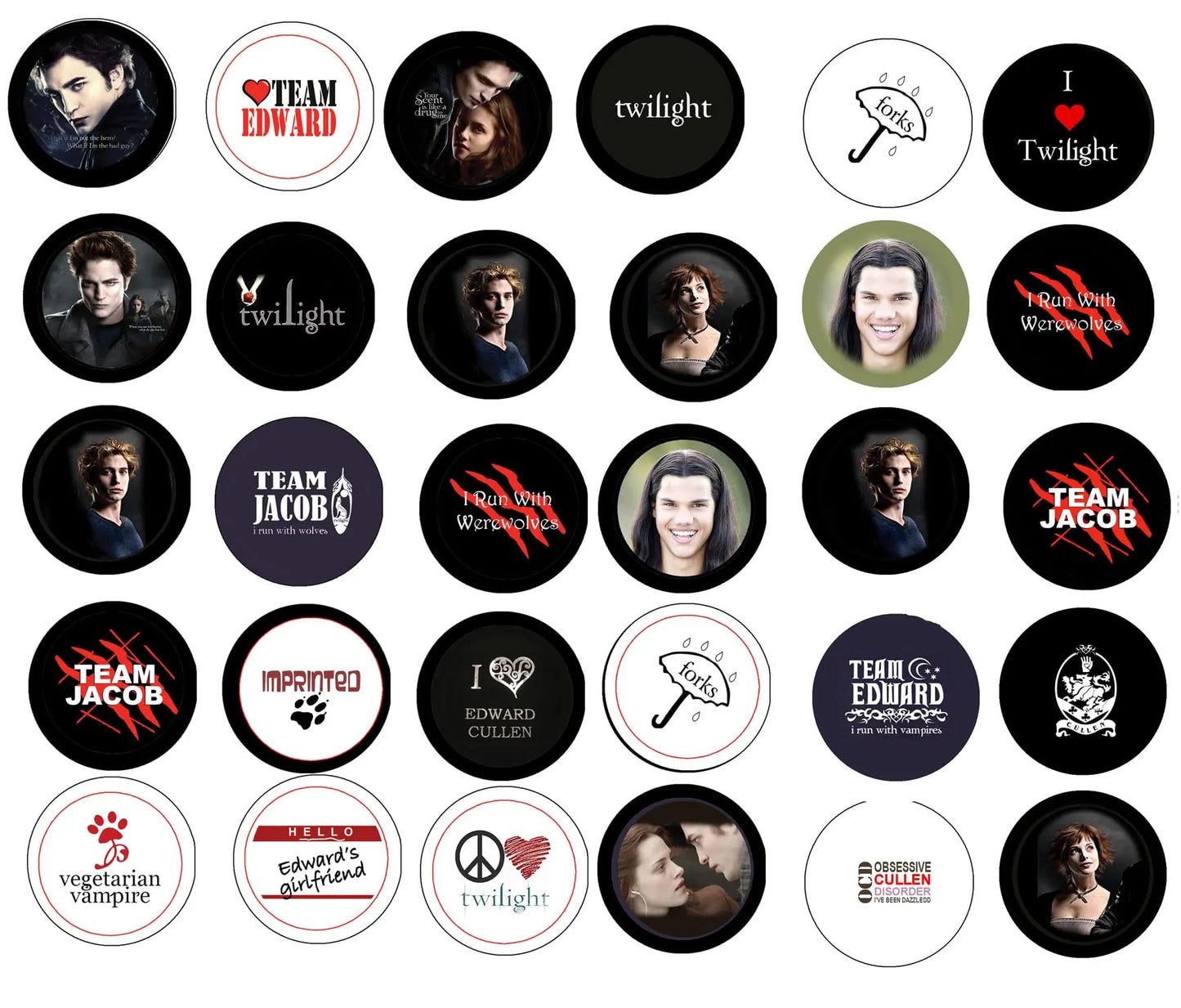 Round themed button pins in a bulk pack, featuring assorted illustrated faces and logos