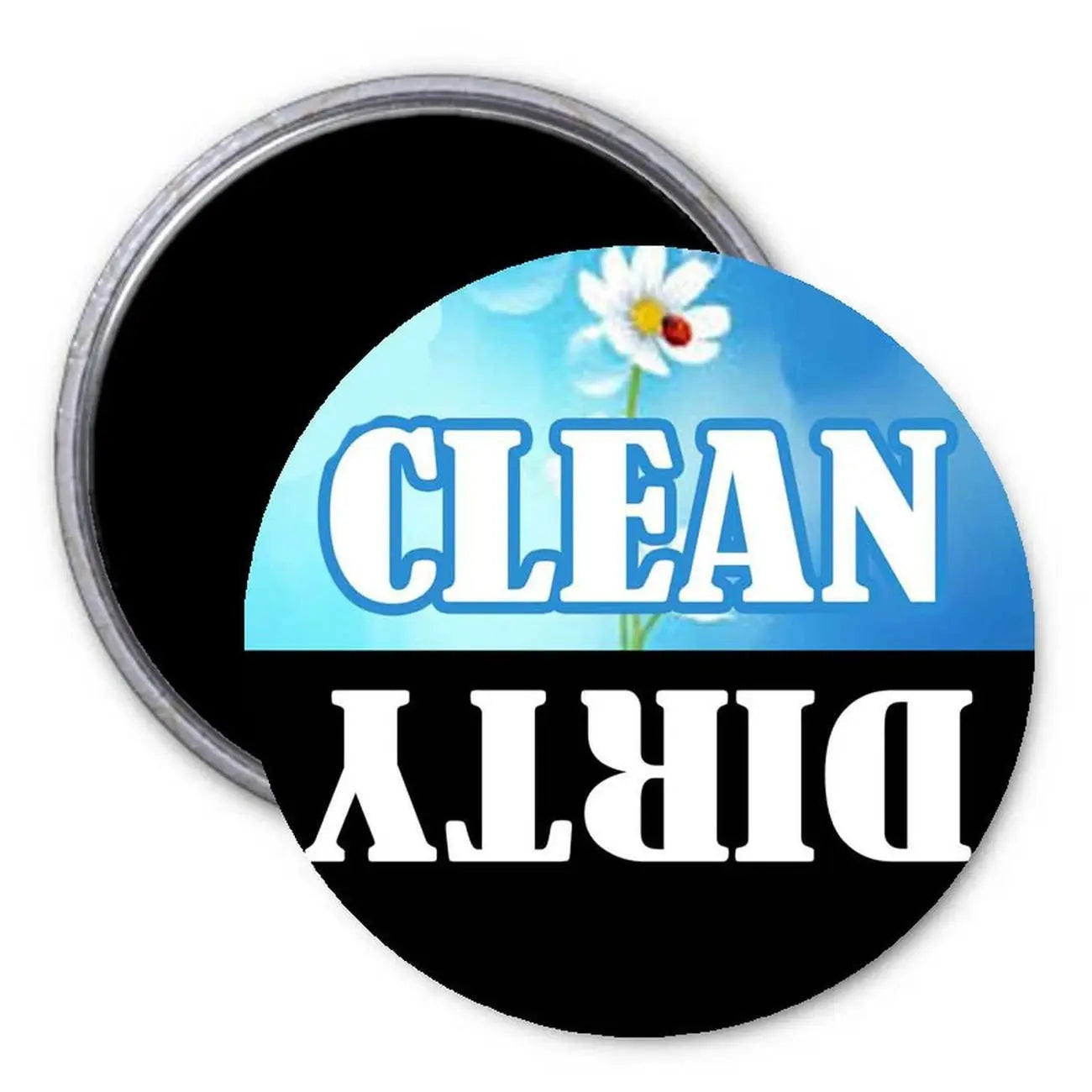 Clean dishwasher status magnet with blue floral design and white CLEAN text