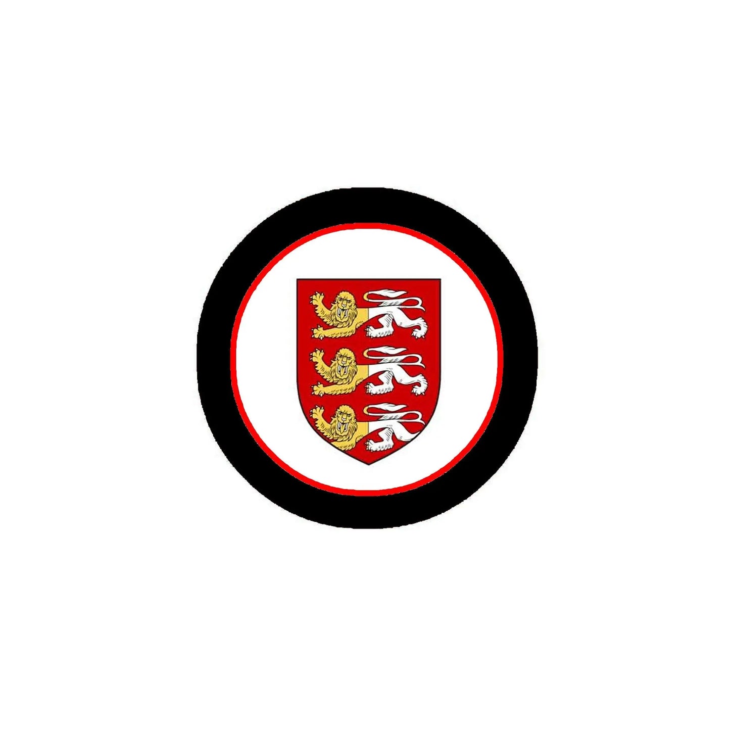 Round pinback badge with black border and red-gold crest shield enamel design