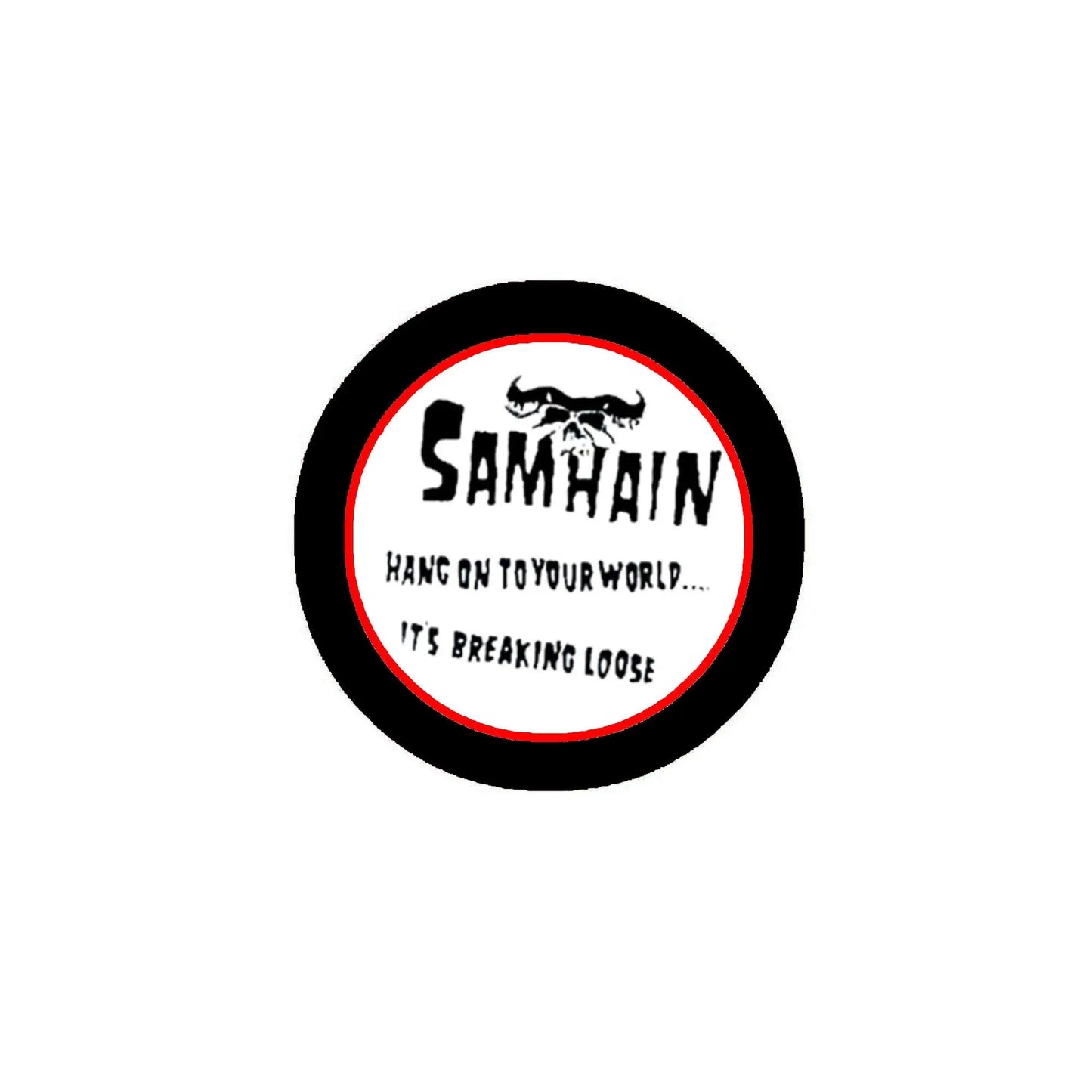 Round black 1.25-inch pinback button with white center, Samhain lettering and black cat graphic