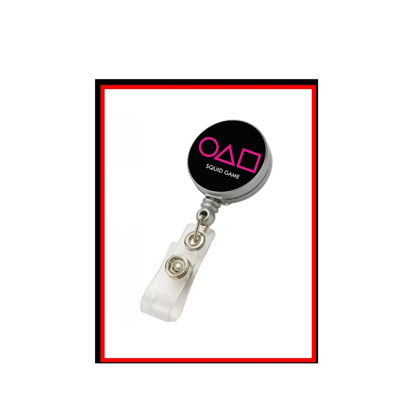 Black retractable badge reel with clear lanyard clip and Squid Game themed top