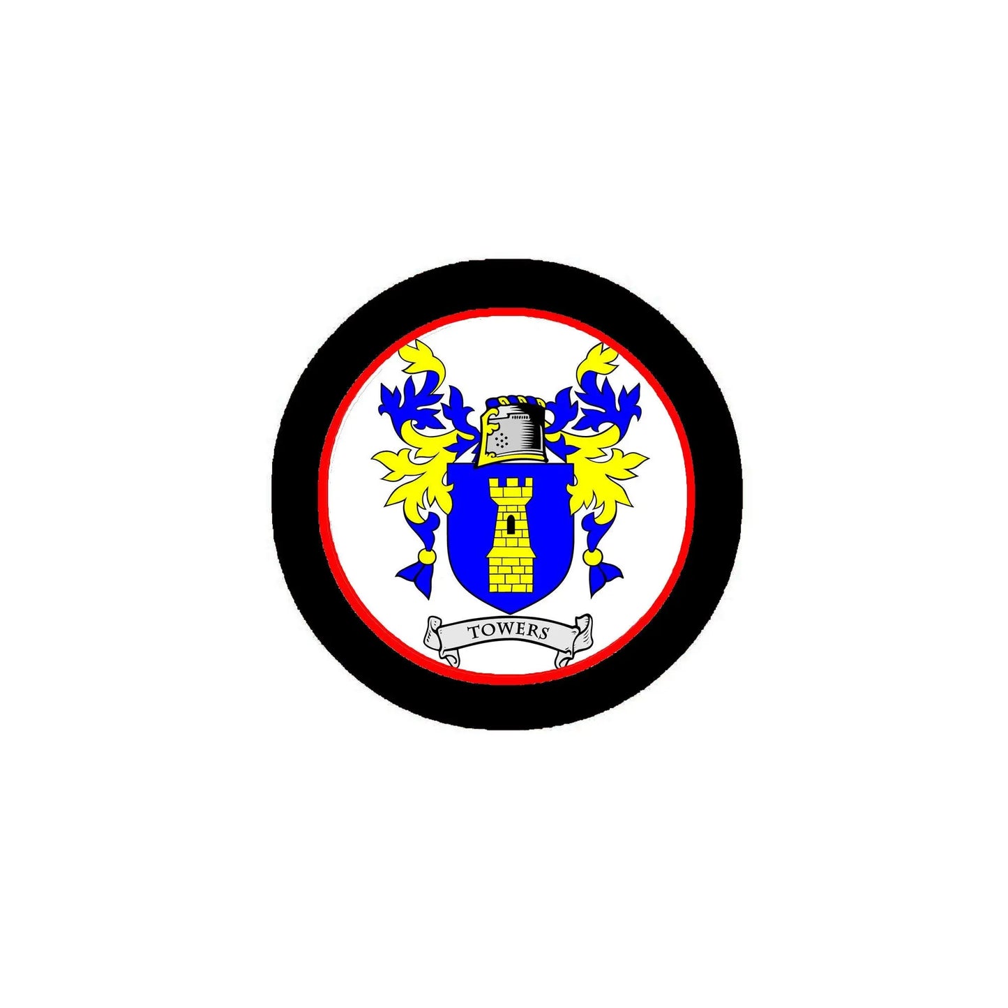 Round black-framed family crest coat of arms magnet with blue and yellow shield