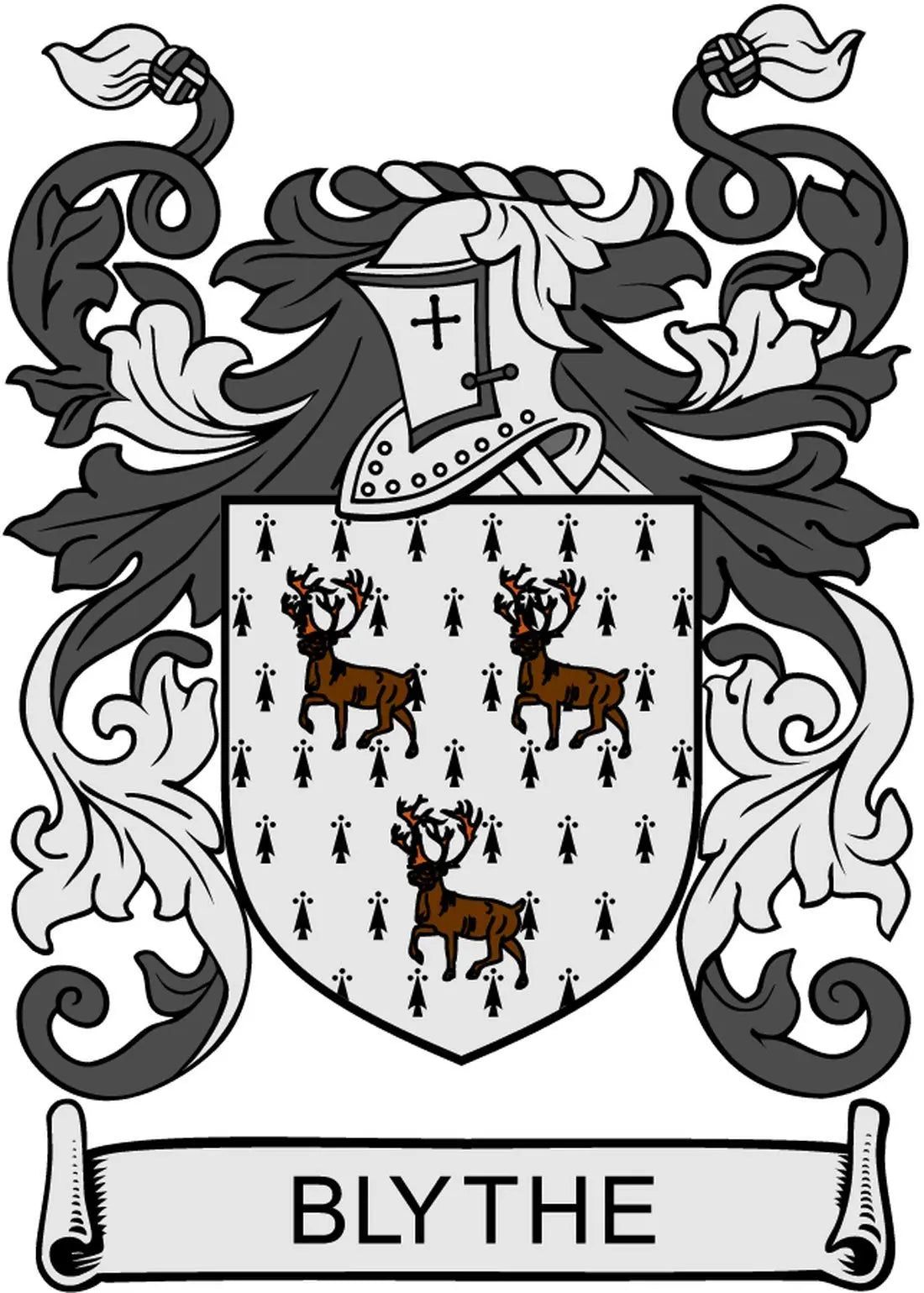Blythe family crest coat of arms magnet, dark shield with BLYTHE banner and animal figures