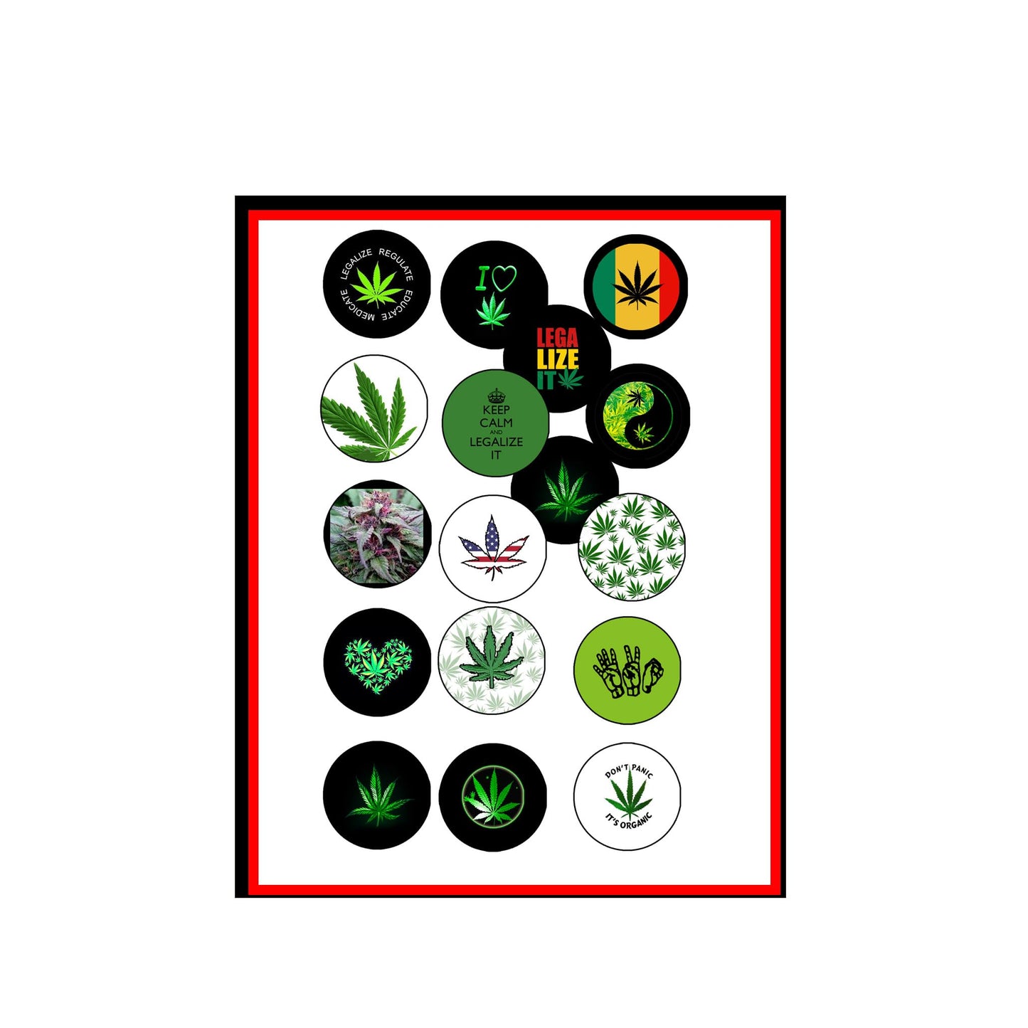 Set of 12 cannabis leaf pinback buttons with circular designs and varied text/icons