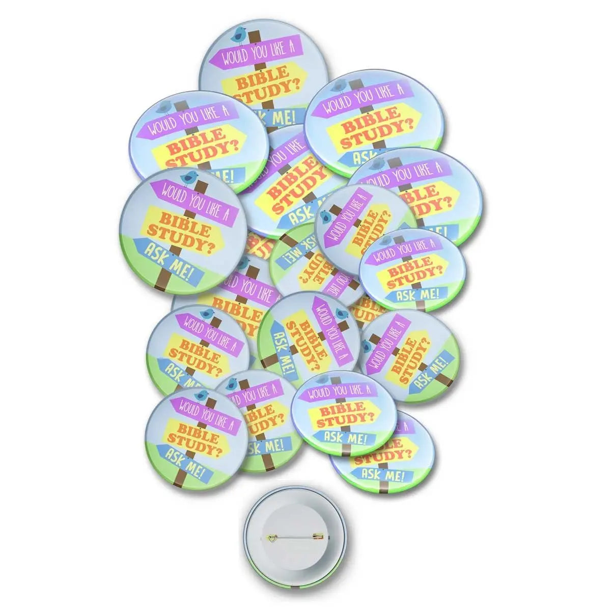 Round pin badges (pack of 20) with “Would you like a Bible study? Ask me!” text