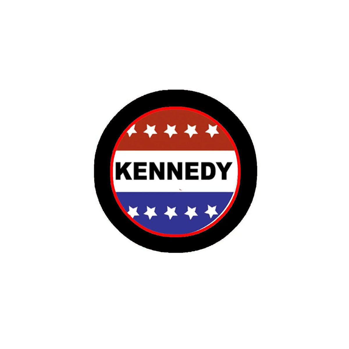 Kennedy pinback button, round black rim with red white stars and blue KENNEDY text