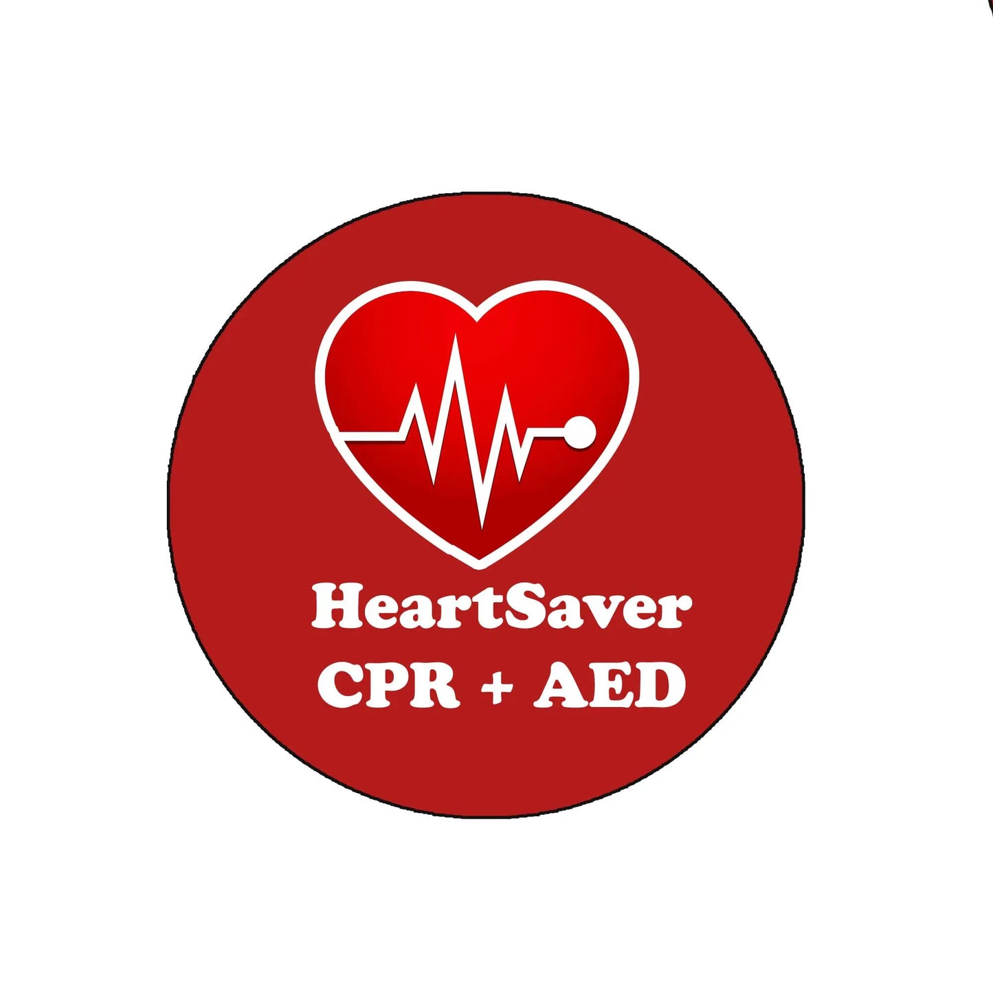 Red circular HeartSaver CPR + AED reel with heart ECG icon