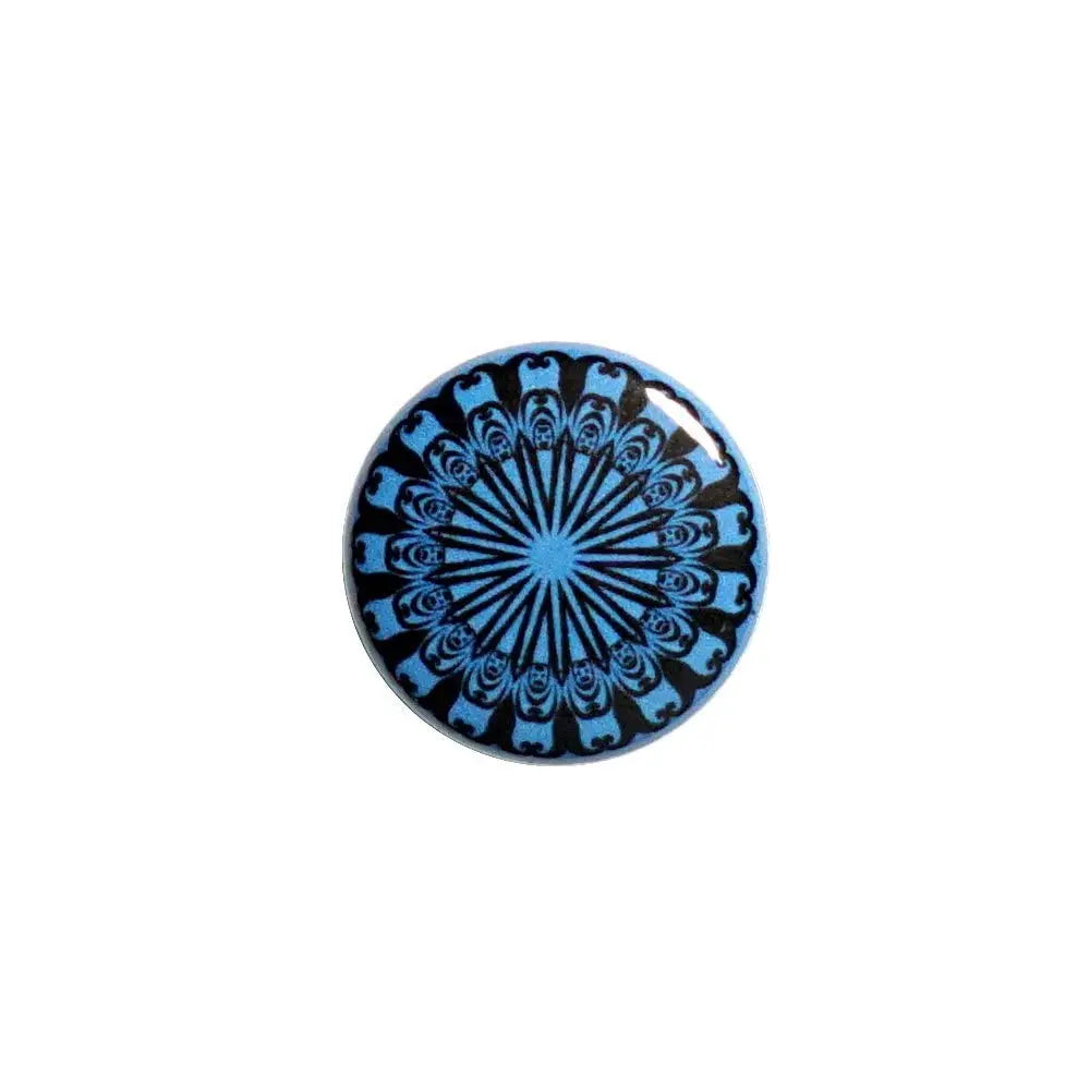 Round button pin with blue and black mandala burst design
