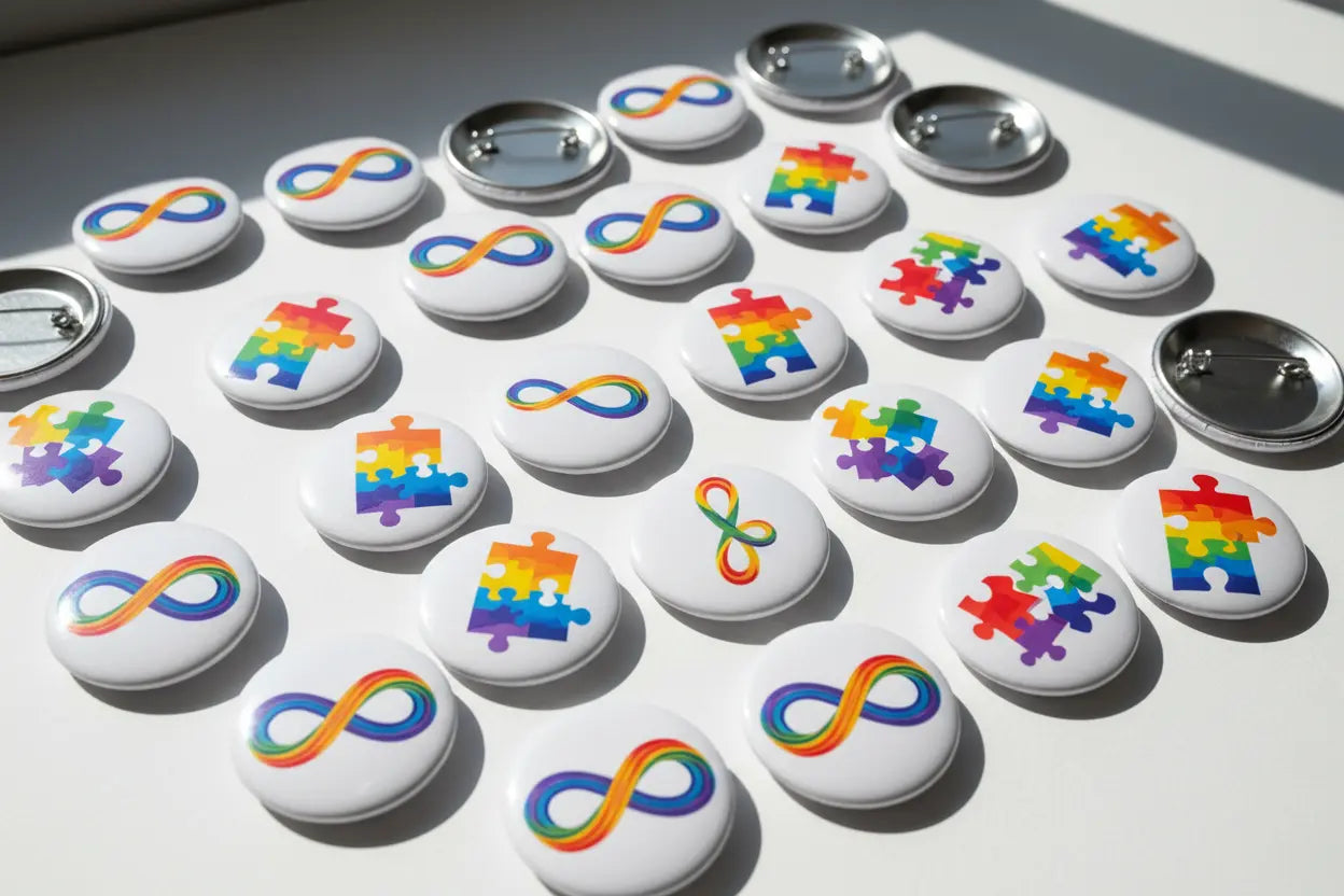 Set of autism awareness pinback buttons with infinity and puzzle icons, silver backing