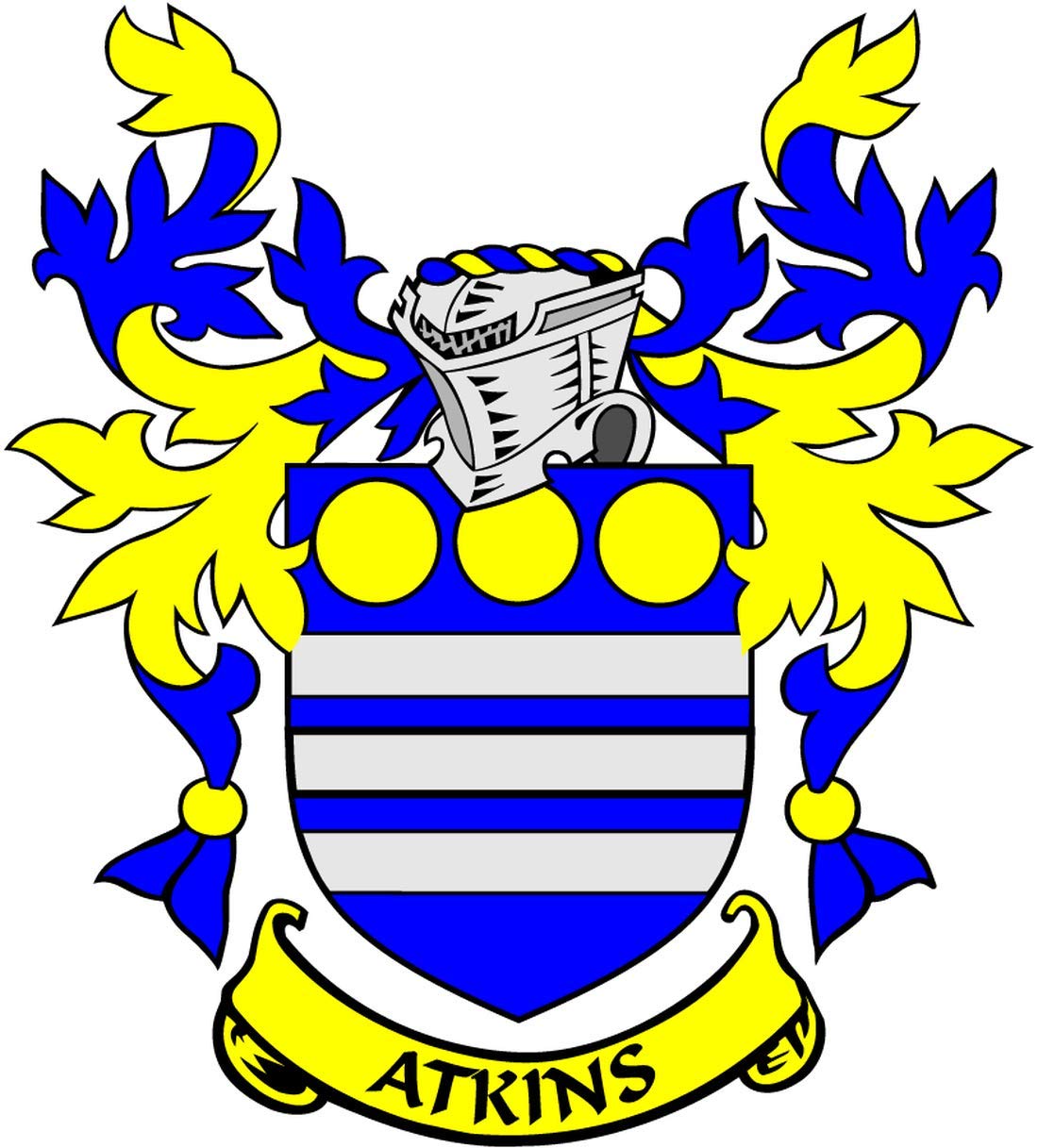 Atkins family crest coat of arms magnet with blue-and-yellow shield and 'ATKINS' banner