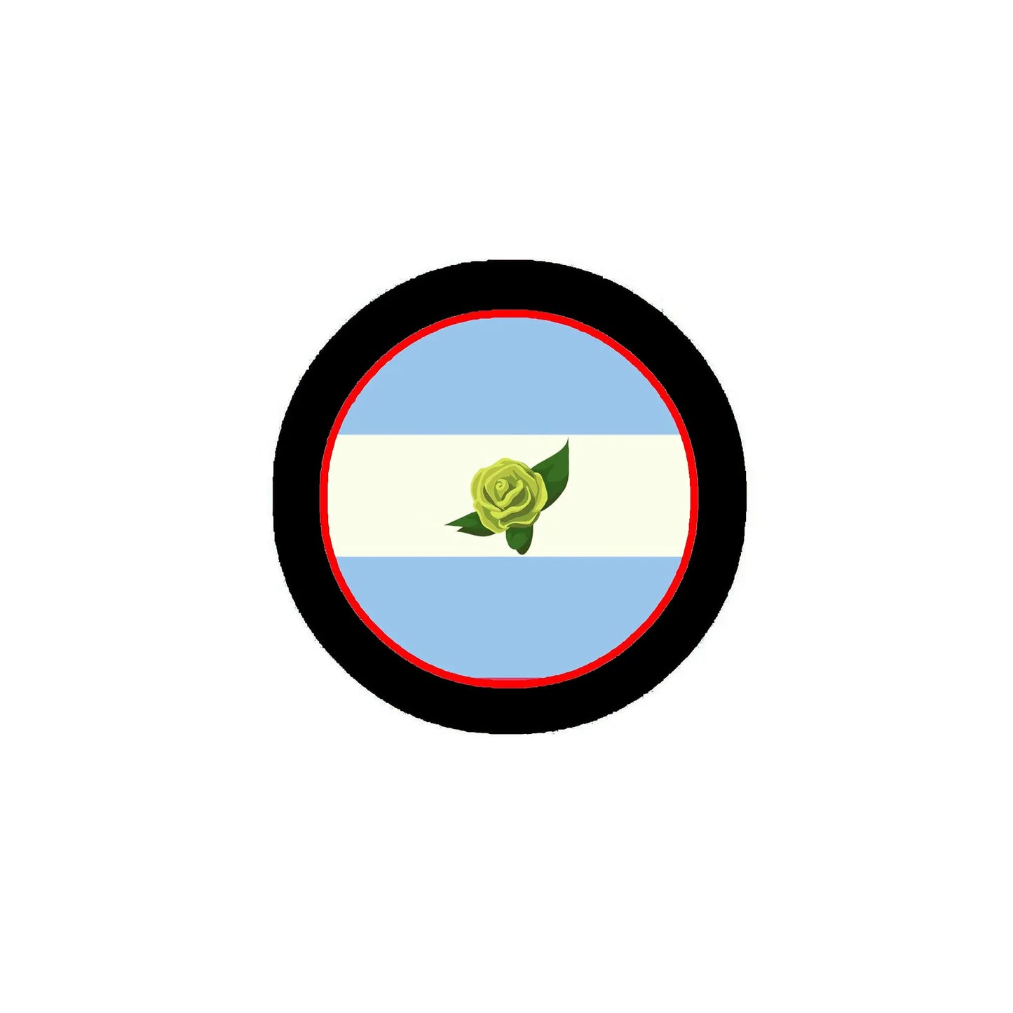 Circular pride flag pinback with black border, blue-white bands, green rose center
