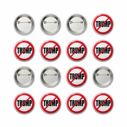 Set of 12 round Trump buttons with red X slash