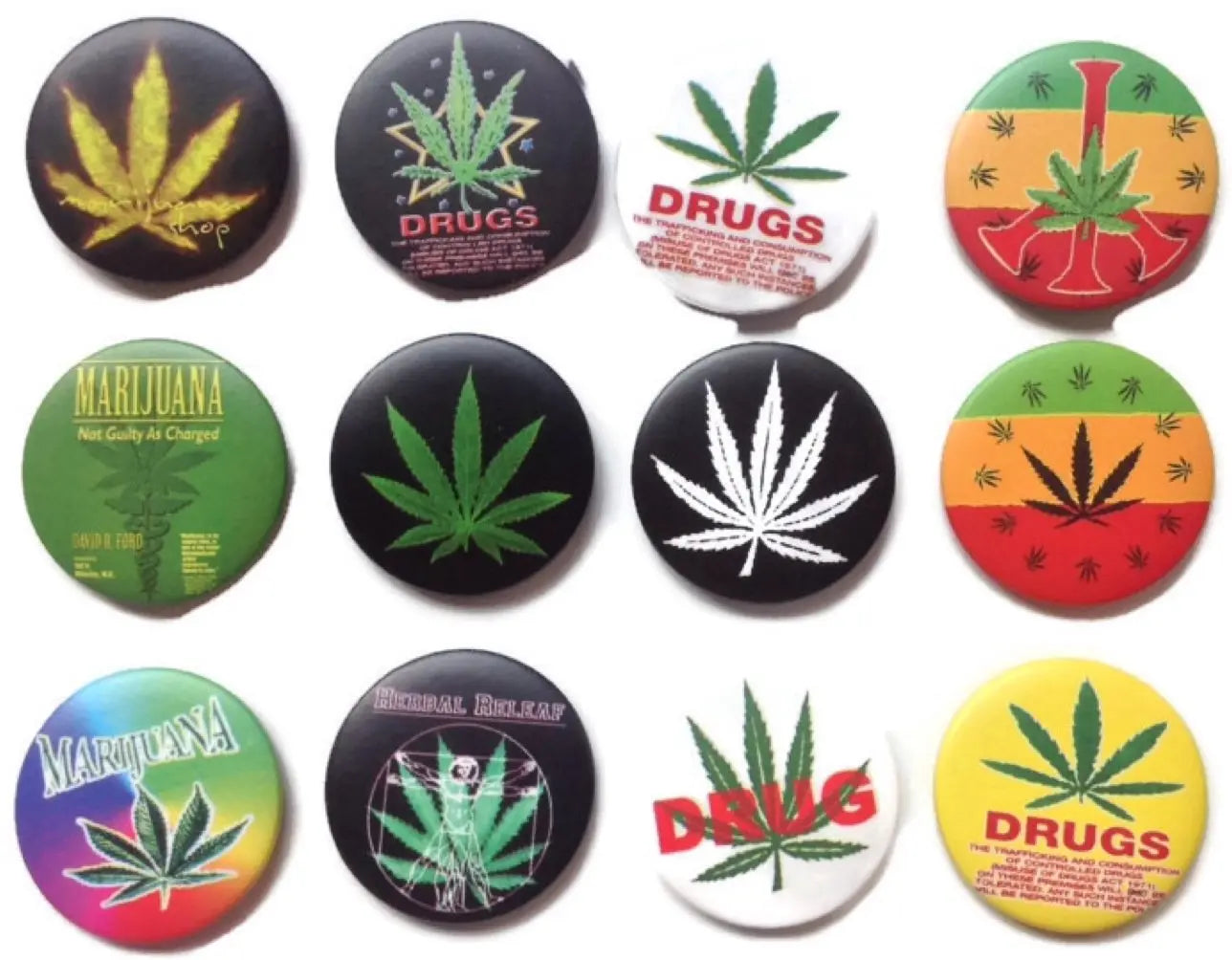 Assorted round cannabis-themed lapel pins with leaf graphics and “DRUGS” text
