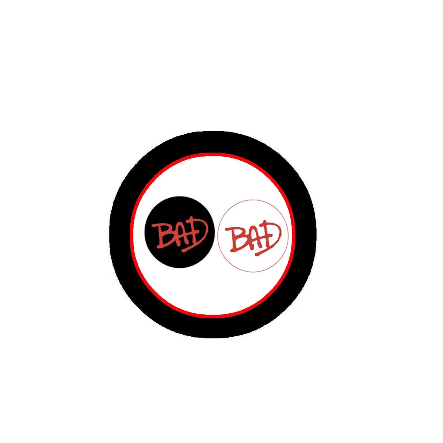 Round pinback button set with black outer ring, red border, split black/white centers with BAD