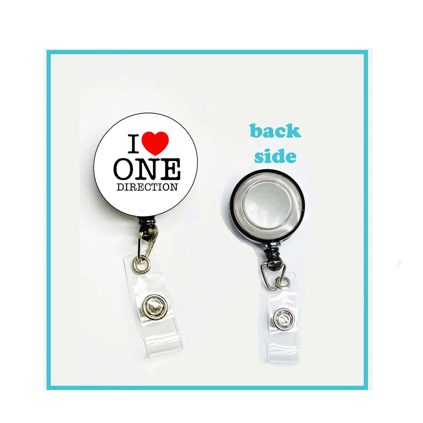 Retractable badge reel with round metal top and clear badge holder, I Heart One Direction design