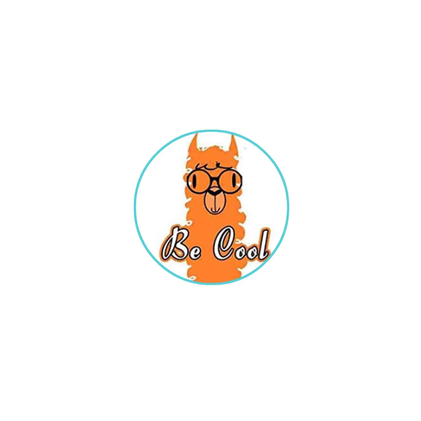 Llama pinback button, orange llama wearing glasses with 'Be Cool' text in a teal circle