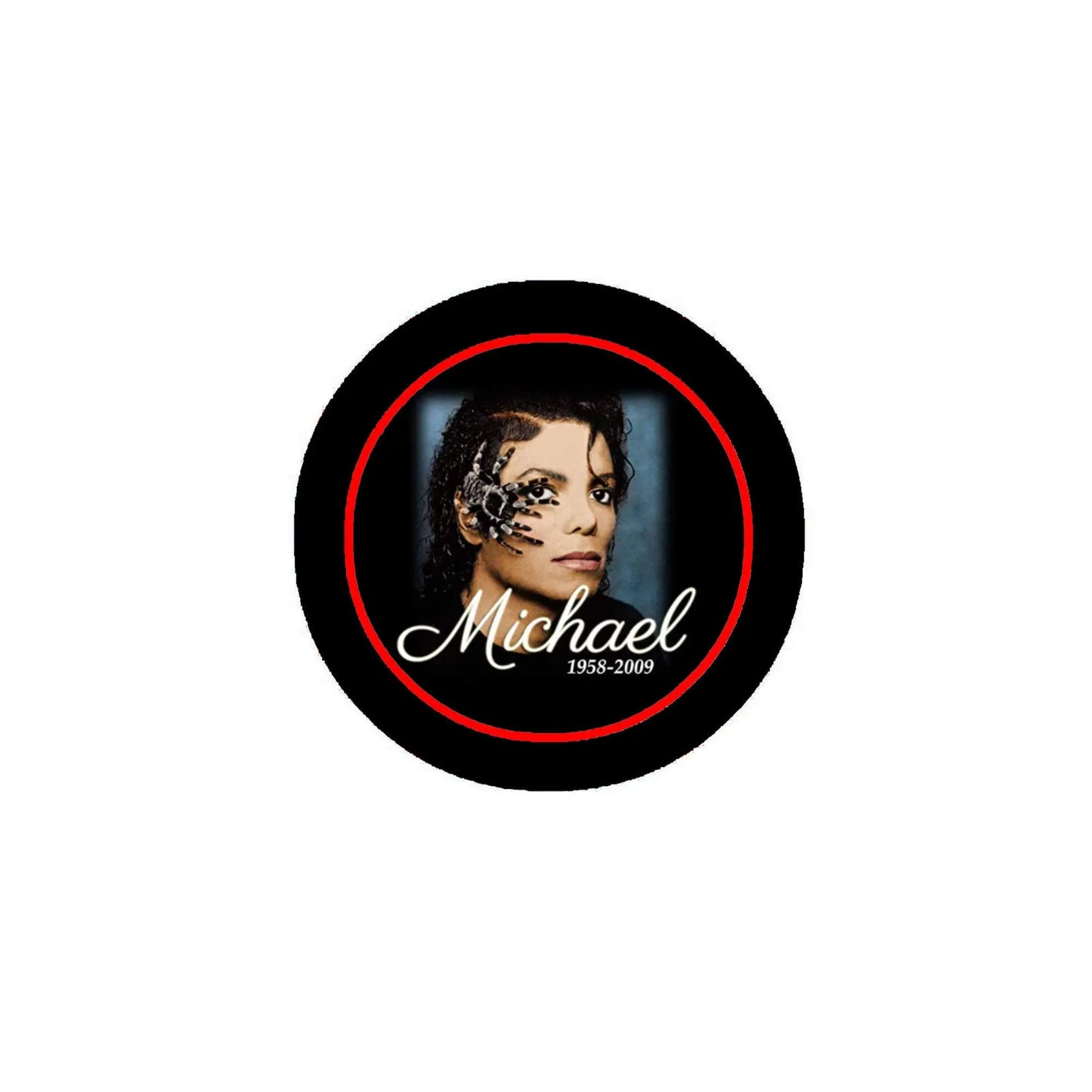 Round pinback badge with portrait, red ring and black border