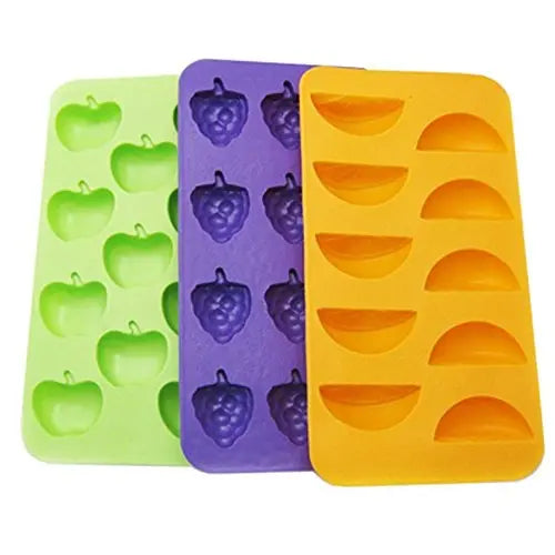 Ice tray with grape, apple, and orange molds; green, purple, yellow silicone