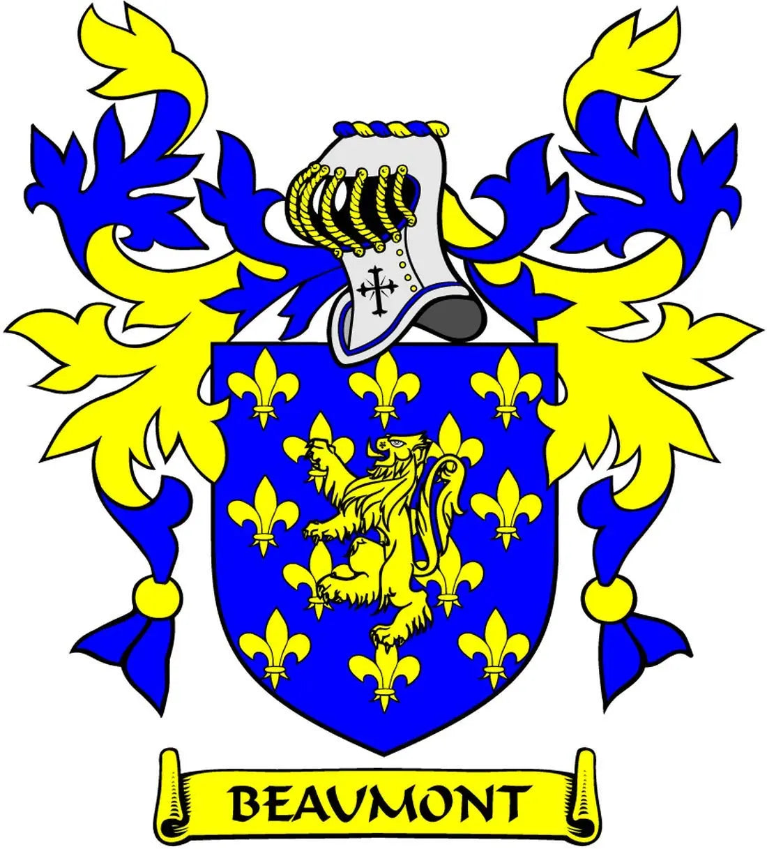 Beaumont family crest coat of arms badge with lion, crown, and fleur-de-lis