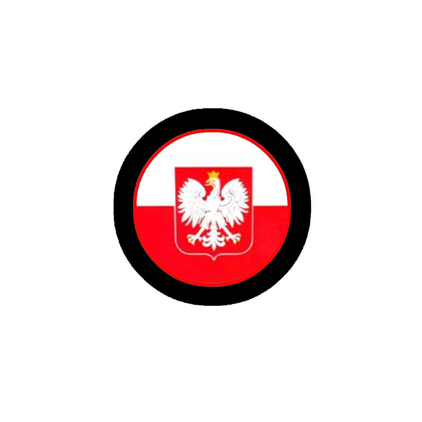 Poland flag pinback button with black rim, red-and-white eagle emblem